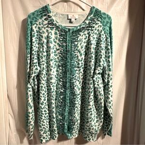 Quacker Factory Leopard Print Cardigan Sz Large Green White Button Front Sequins